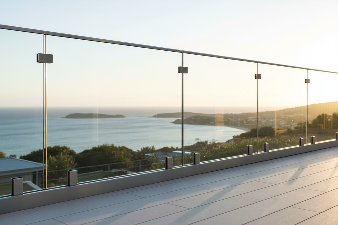 Modern glass railing installation on outdoor balcony with aluminum U-channel system