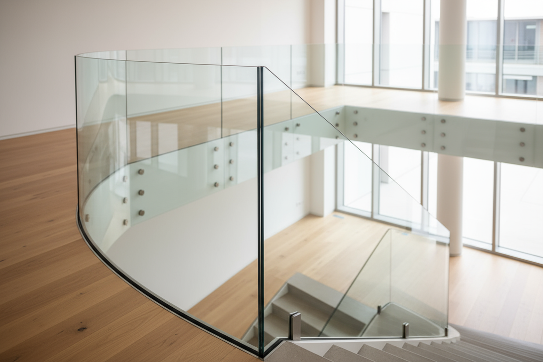 Modern glass railing system with stainless steel hardware installed on contemporary staircase